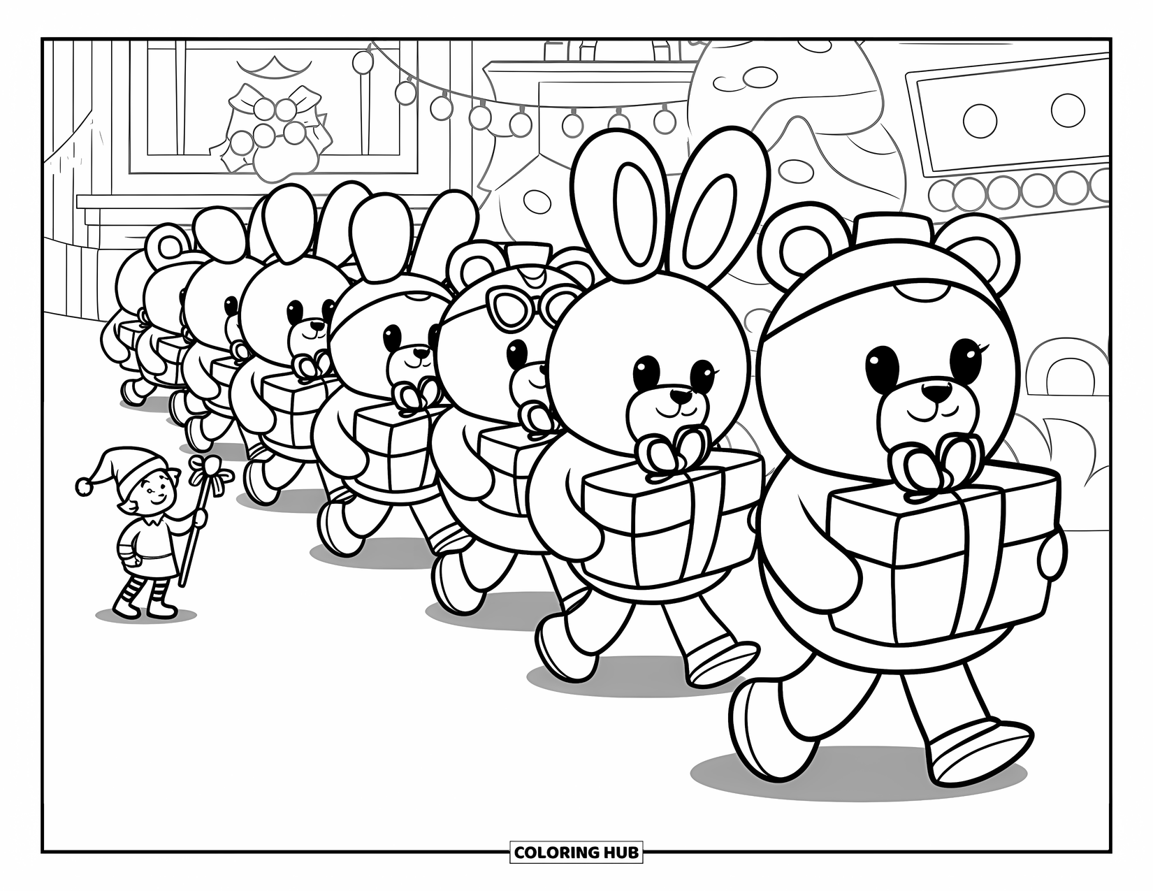 Weihnachts-Ausmalbild für Erwachsene: Eine festliche Spielzeugparade mit Teddybären, Hasen und Robotern, die mit Geschenken marschieren