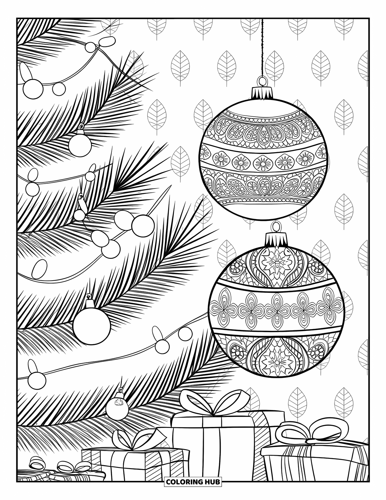 Weihnachts-Ausmalbild für Erwachsene: Ein festlicher Baum, geschmückt mit filigranen Ornamenten und eleganter Weihnachtsdekoration