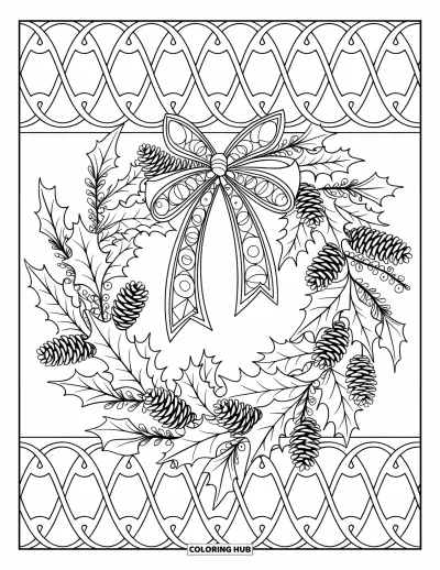 Coloriage de Noël pour adultes : Une couronne festive ornée de baies de houx, de pommes de pin et d’un nœud ruban, parfaite pour les fêtes