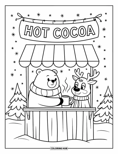 Coloriage de Noël pour adultes : Un ours polaire duveteux tend une tasse fumante de cacao à un renne souriant