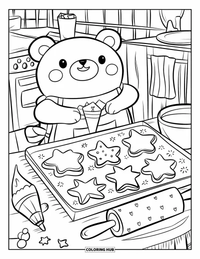 Coloriage de Noël pour adultes : Un ours en peluche tout doux décore soigneusement des biscuits en forme d’étoile dans une cuisine festive