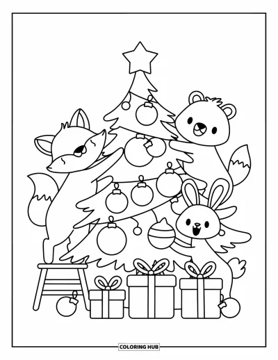 Coloriage de Noël pour adultes : Un renard, un ours et un lapin décorent un sapin de Noël avec de grands ornements et des rubans