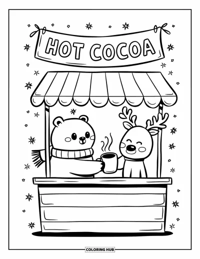 Coloriage de Noël pour adultes : Un ours polaire amical tient un stand de chocolat chaud, offrant des boissons chaudes dans la neige