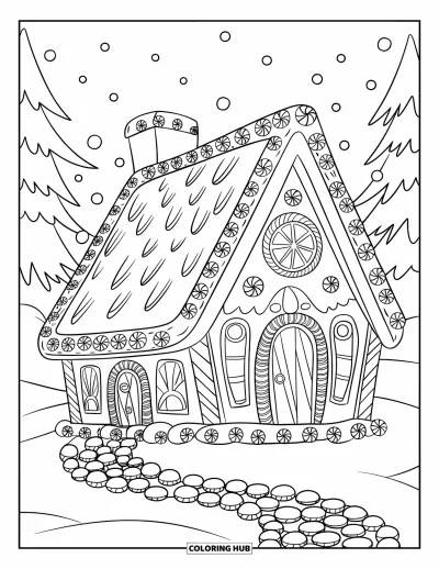 Coloriage de Noël pour adultes : Une maison en pain d’épices couverte de motifs de glaçage, de bonbons et d’un chemin enneigé à la menthe