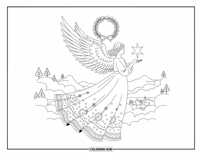Coloriage de Noël pour adultes : Un ange gracieux aux ailes de plumes et à la robe fluide tient une étoile lumineuse