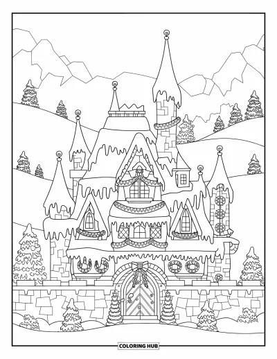 Coloriage de Noël pour adultes : Un grand château de Noël avec des lumières scintillantes et des toits poudrés de neige