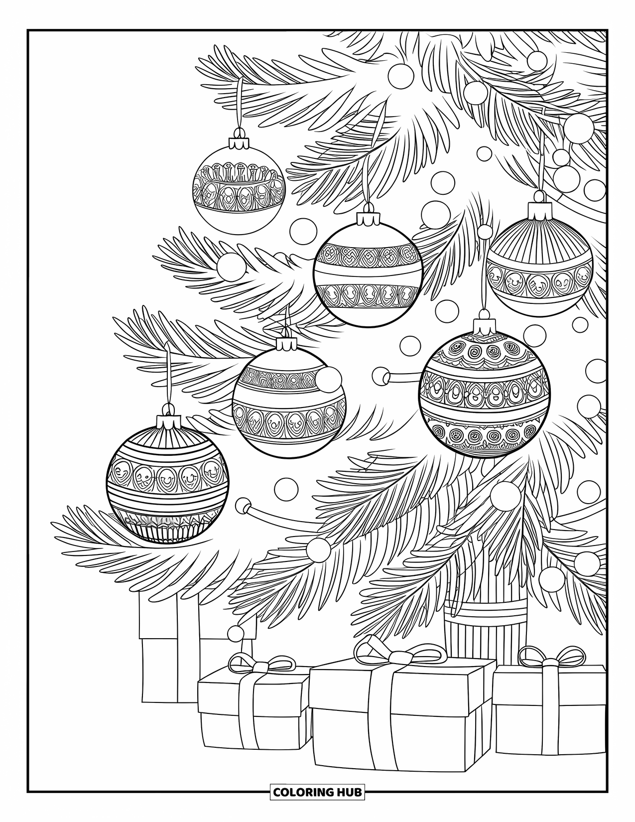 Weihnachts-Ausmalbild für Erwachsene: Ein prächtiger Weihnachtsbaum mit detaillierten Kugeln, Lichtern und ordentlich darunter platzierten Geschenken