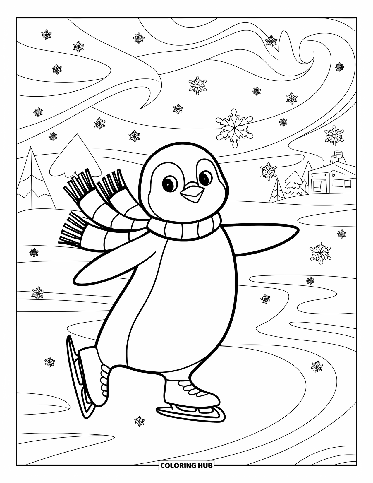 Weihnachts-Ausmalbild für Erwachsene: Ein glücklicher Pinguin läuft Schlittschuh auf einem eisigen Teich, mit schneebedeckten Bäumen in der Ferne