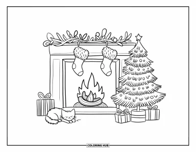 Coloriage de Noël pour adultes : Une cheminée de fête avec des chaussettes, un sapin et un chaton qui dort près d’un cadeau emballé