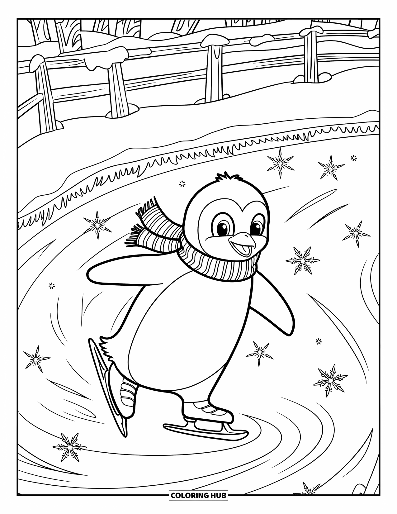 Weihnachts-Ausmalbild für Erwachsene: Ein fröhlicher Pinguin mit einem Schal wirbelt anmutig auf einem frostigen Winterteich