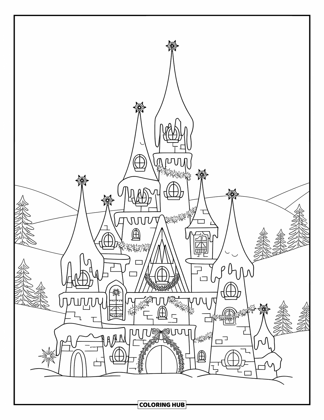 Weihnachts-Ausmalbild für Erwachsene: Ein magisches Weihnachtsschloss glitzert unter Schneefall, geschmückt mit Girlanden und Lichtern