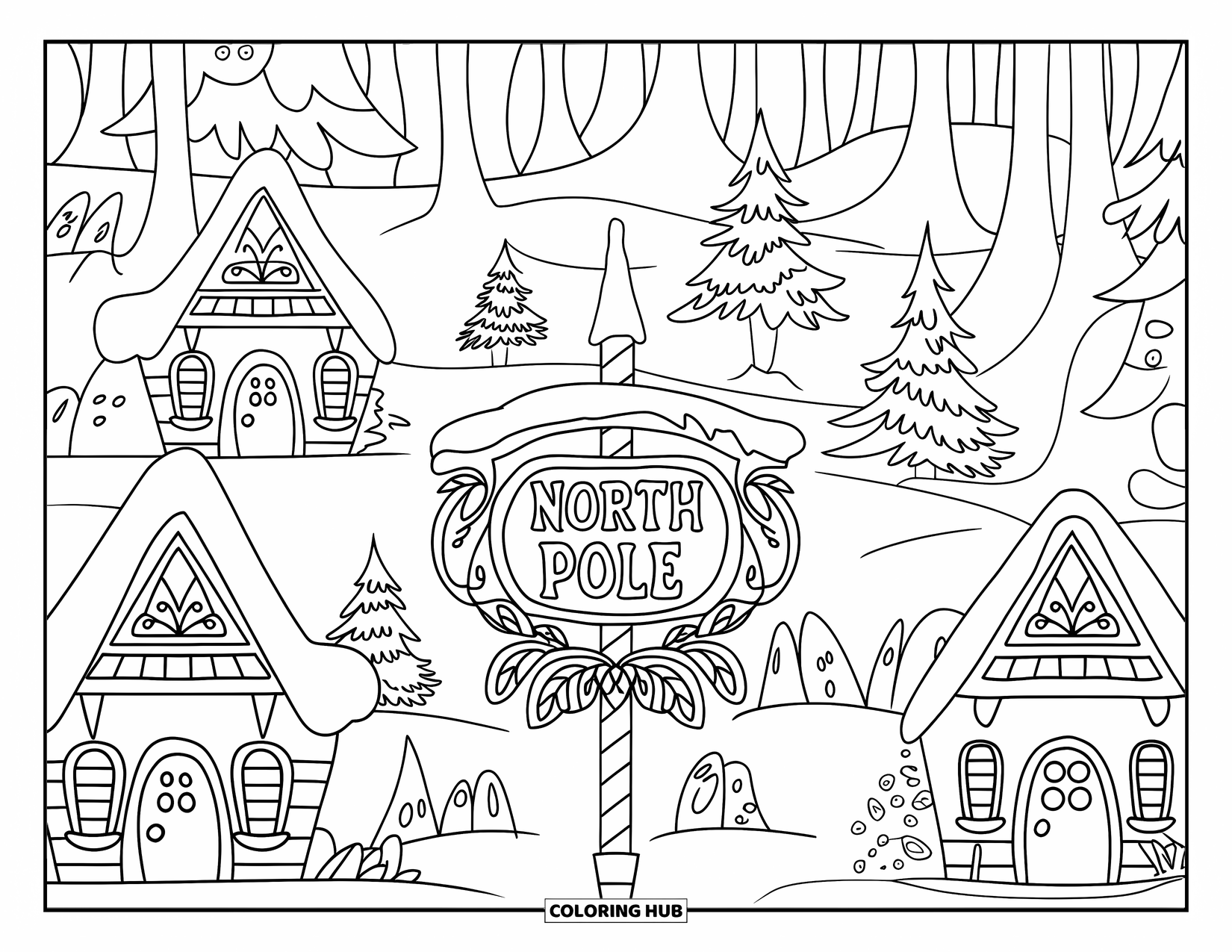 Weihnachts-Ausmalbild für Erwachsene: Ein magisches Nordpol-Dorf mit gemütlichen Elfenhäusern und funkelnden Weihnachtsbäumen im Schnee