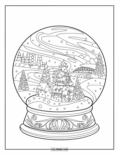 Coloriage de Noël pour adultes : Une boule à neige magique avec une scène hivernale miniature, remplie d’esprit de fête