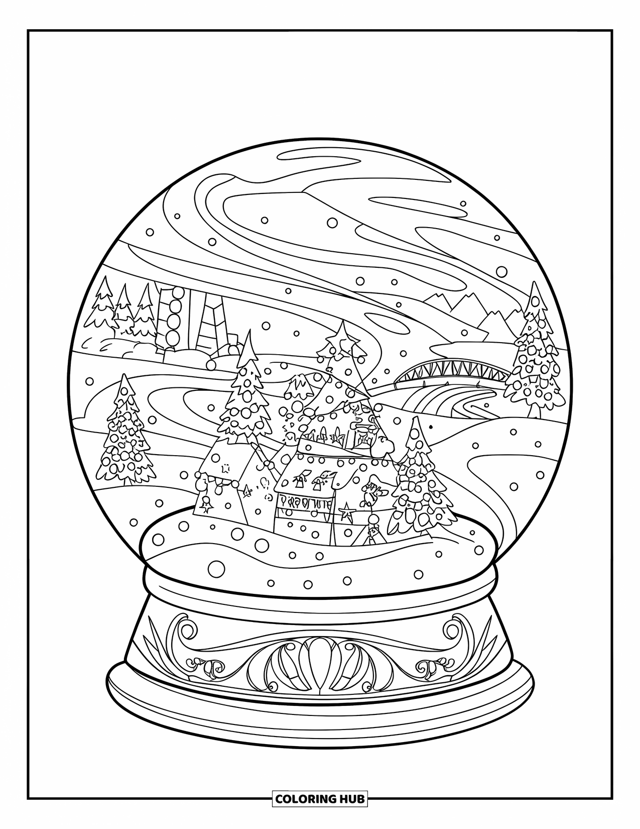 Weihnachts-Ausmalbild für Erwachsene: Eine magische Schneekugel mit einer Miniatur-Winterszene, gefüllt mit Weihnachtsfreude