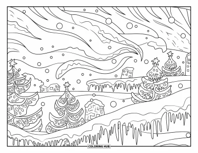 Coloriage de Noël pour adultes : Un paysage enneigé magique rempli d’arbres décorés et de motifs de glace scintillants
