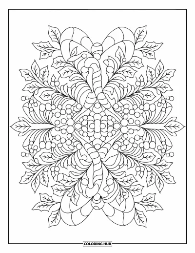 Coloriage de Noël pour adultes : Un motif envoûtant de cannes en sucre d’orge mêlées de gui et de houx dans une composition symétrique