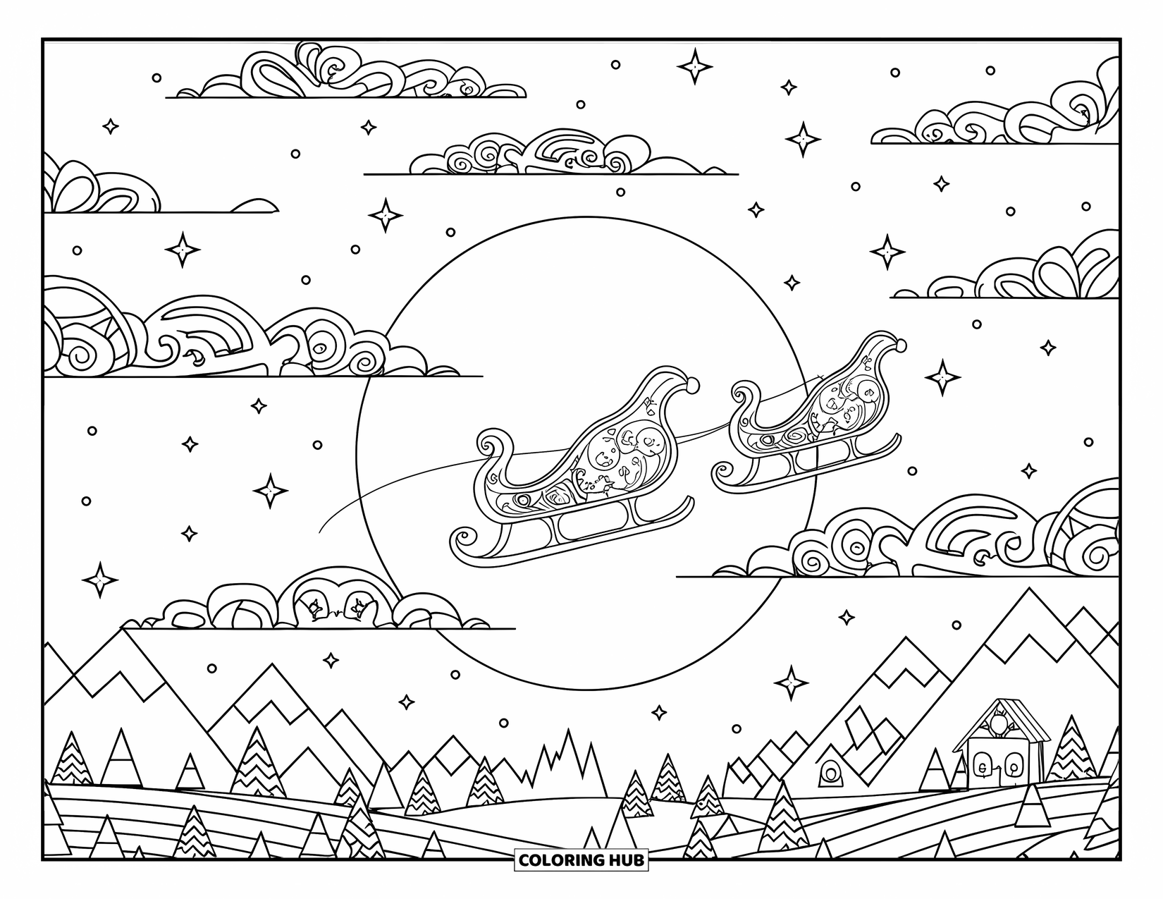 Weihnachts-Ausmalbild für Erwachsene: Ein mystischer Nachthimmel, in dem der Schlitten des Weihnachtsmanns an einem leuchtenden Vollmond vorbeifliegt