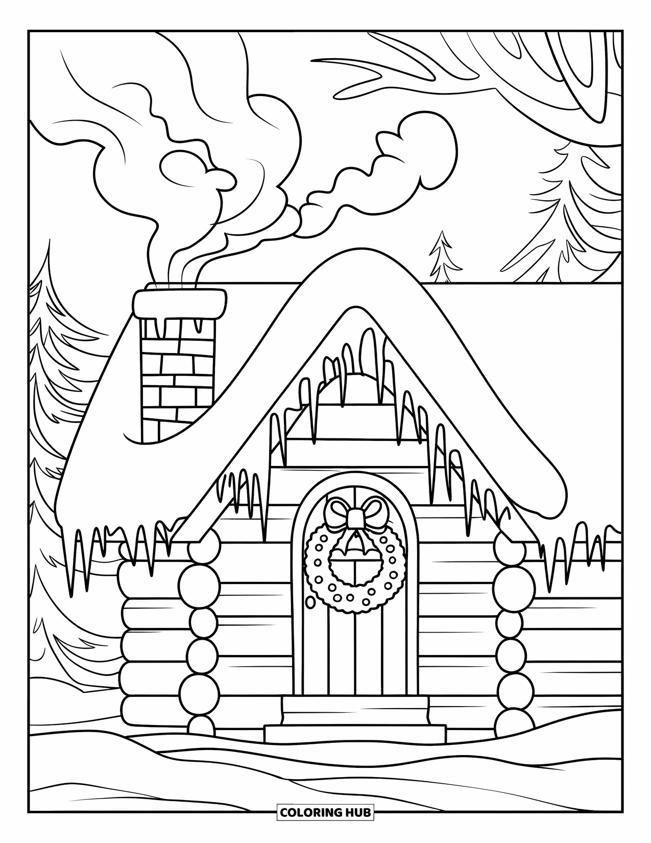 Weihnachts-Ausmalbild für Erwachsene: Eine friedliche Winterhütte mit Eiszapfen, die vom Dach hängen, eingebettet in eine verschneite Landschaft