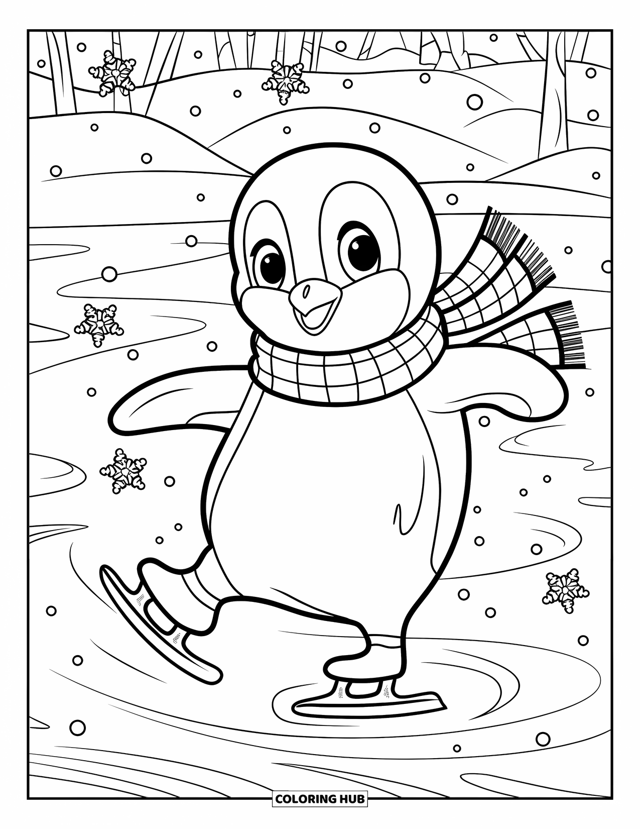 Weihnachts-Ausmalbild für Erwachsene: Ein verspielter Pinguin gleitet auf dem Eis und hinterlässt wirbelnde Frostmuster