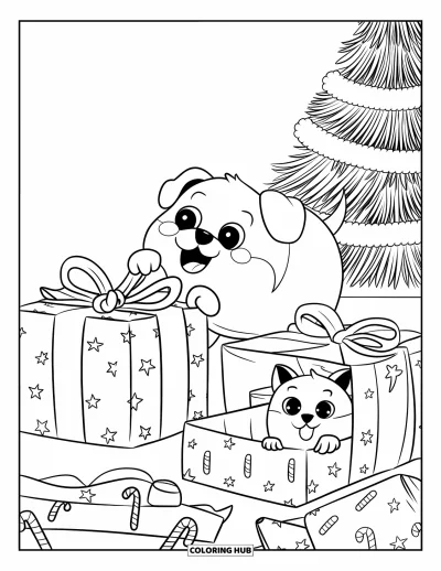 Coloriage de Noël pour adultes : Un chiot joueur et un chaton curieux ouvrent des cadeaux sous un sapin scintillant