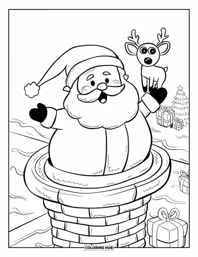Coloriage de Noël pour adultes : Une scène amusante du Père Noël coincé dans une cheminée pendant qu’un renne l’observe depuis le toit