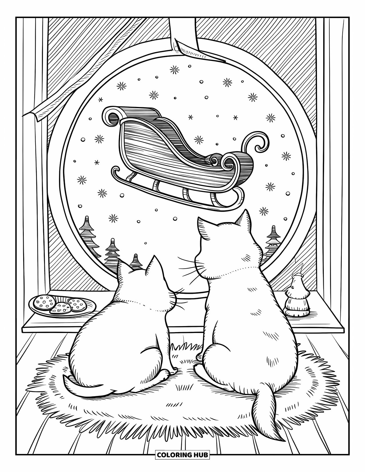 Weihnachts-Ausmalbild für Erwachsene: Ein rundes Fenster zeigt den Schlitten des Weihnachtsmanns, der fliegt, während eine Katze und ein Hund von drinnen zusehen