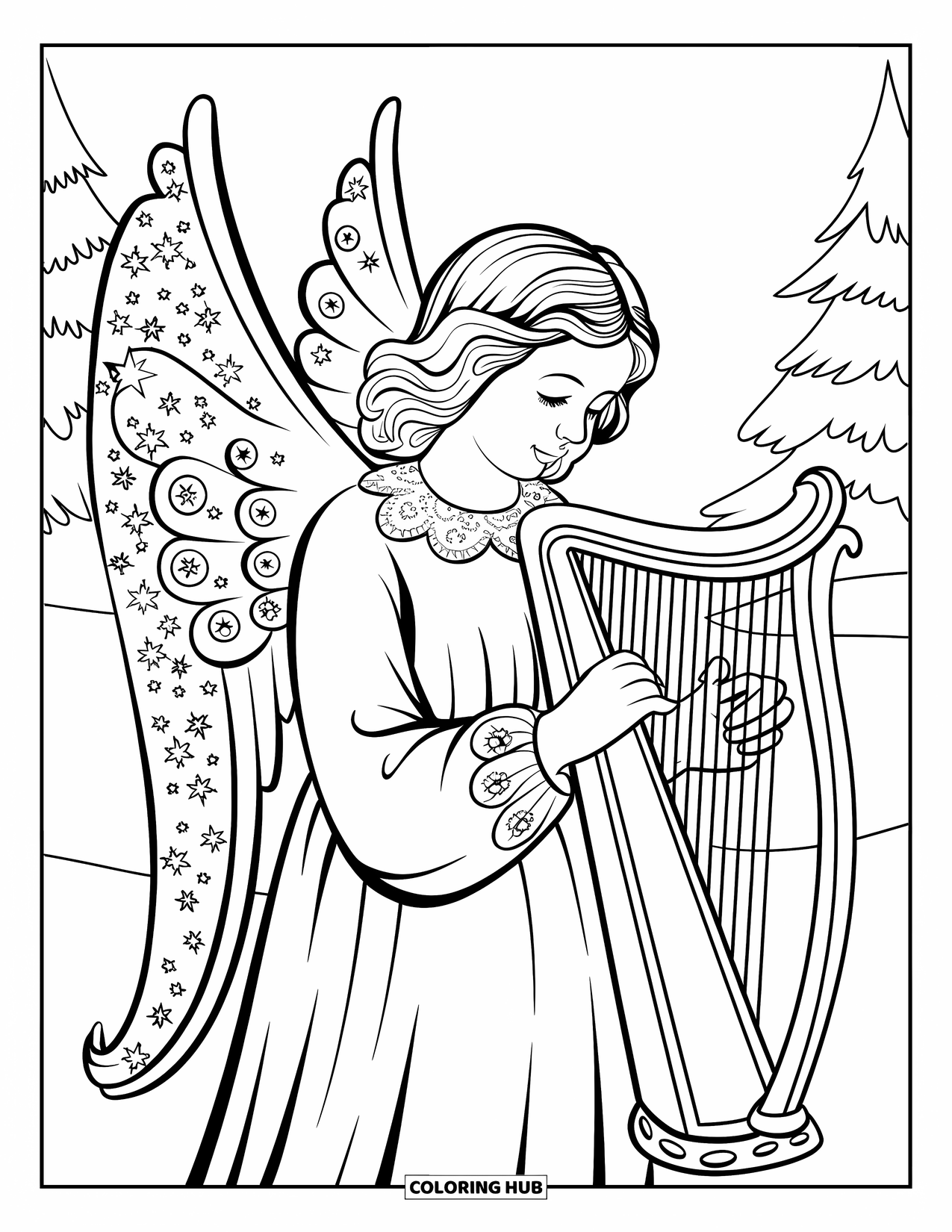 Weihnachts-Ausmalbild für Erwachsene: Ein friedlicher Engel mit detaillierten Flügeln und einer Harfe, umrahmt von funkelnden Sternen