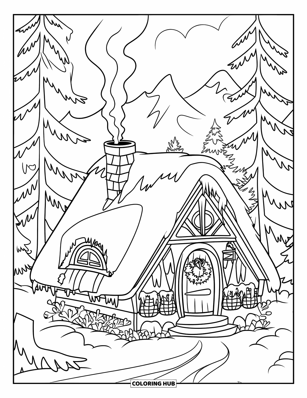 Weihnachts-Ausmalbild für Erwachsene: Eine schneebedeckte Hütte im Wald, die mit Wärme und weihnachtlichem Charme erstrahlt