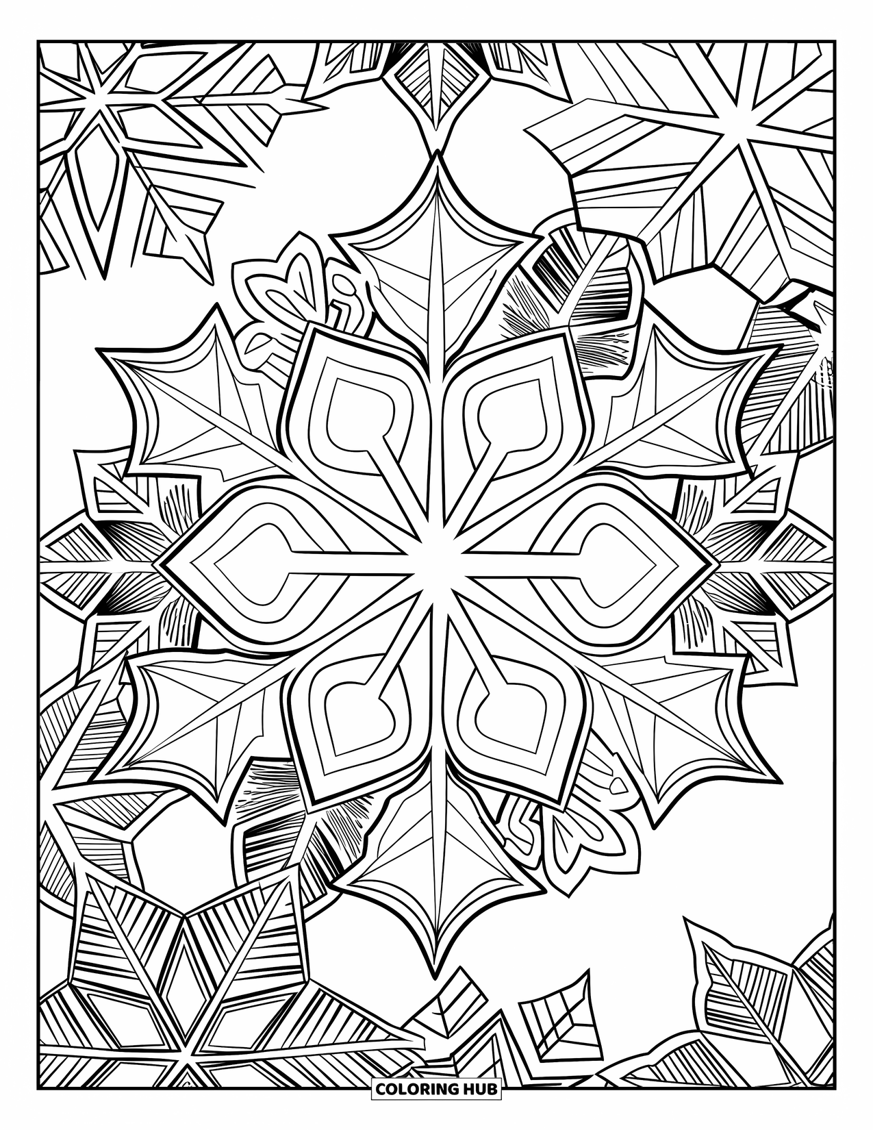 Weihnachts-Ausmalbild für Erwachsene: Ein Schneeflocken-Mandala mit einer Vielzahl von filigranen und künstlerischen Wintermotiven
