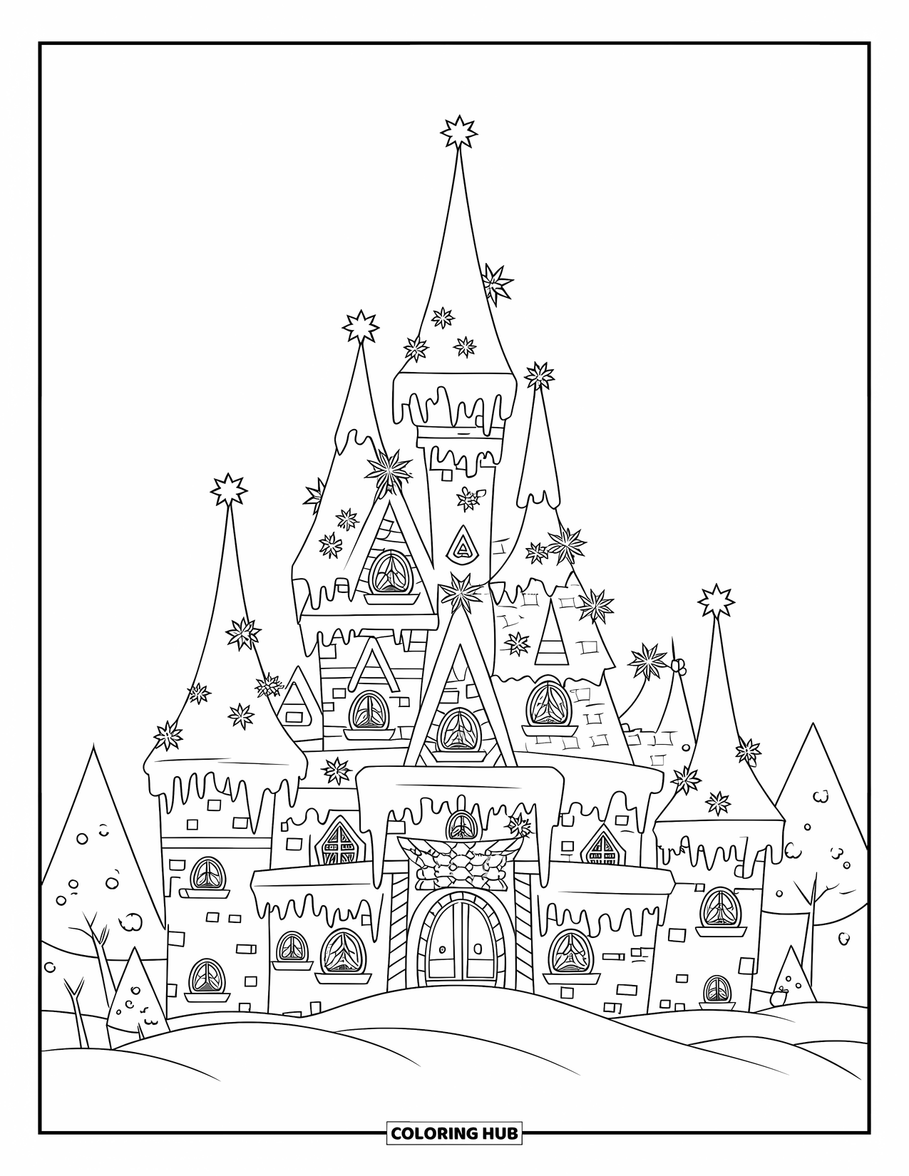 Weihnachts-Ausmalbild für Erwachsene: Ein verschneites Schloss mit festlichen Kränzen, Eiszapfentürmen und leuchtenden Weihnachtsfenstern