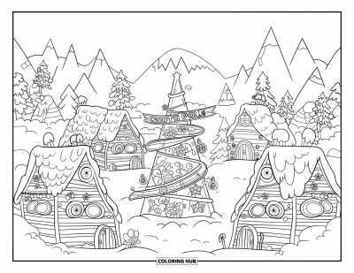 Coloriage de Noël pour adultes : Un village enneigé du pôle Nord avec de petites maisons d’elfes, des arbres lumineux et des vues montagneuses