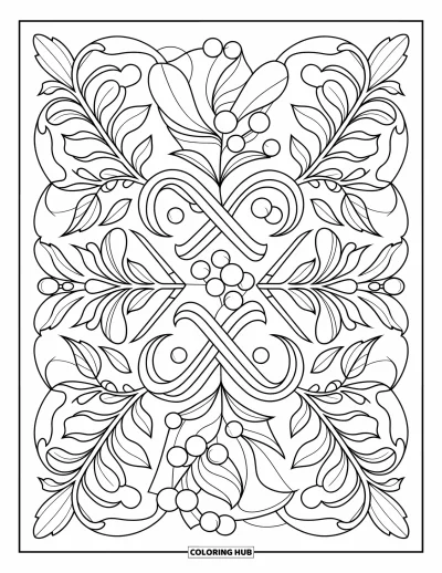 Coloriage de Noël pour adultes : Un motif symétrique de cannes en sucre d’orge et de houx avec des volutes élégantes et des détails festifs