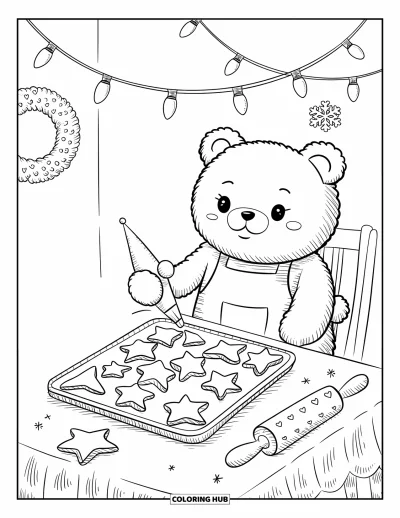 Coloriage de Noël pour adultes : Un ours en peluche avec tablier ajoute du glaçage à de grands biscuits de fête dans une cuisine chaleureuse