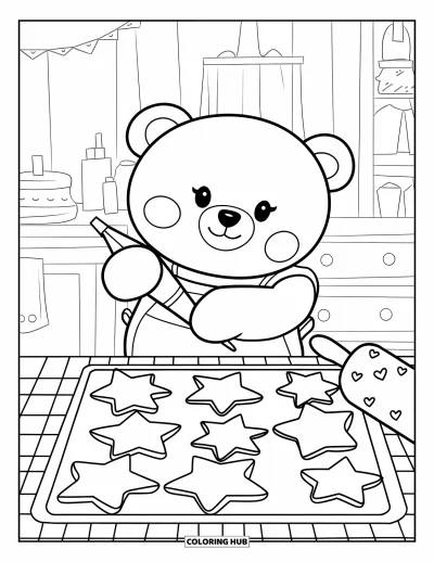 Coloriage de Noël pour adultes : Un ours en peluche avec tablier décore des biscuits de Noël avec une poche à douille sur la table de cuisine