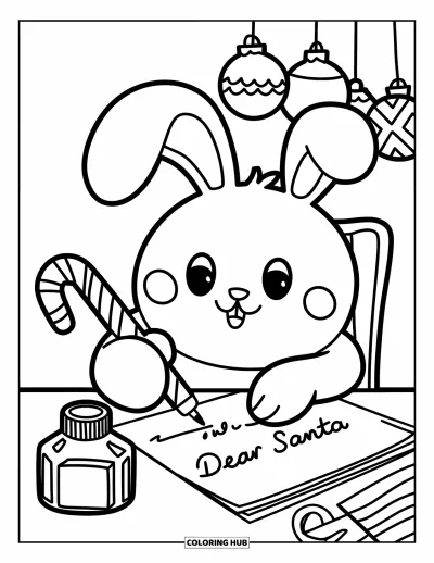 Coloriage de Noël pour adultes : Un petit lapin écrit une lettre touchante au Père Noël, entouré de décorations festives