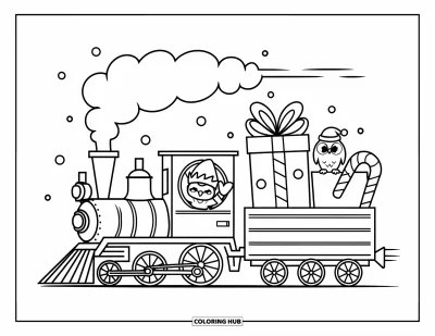 Coloriage de Noël pour adultes : Un train façon jouet avec de gros nuages de fumée transporte des cadeaux et des cannes en sucre d’orge
