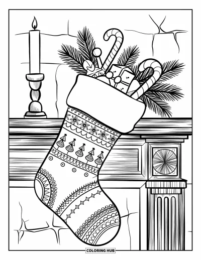 Coloriage de Noël pour adultes : Une chaussette de Noël traditionnelle riche en détails, remplie de surprises festives