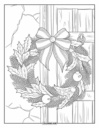 Coloriage de Noël pour adultes : Une couronne de Noël traditionnelle avec feuillage détaillé, pommes de pin et nœud festif