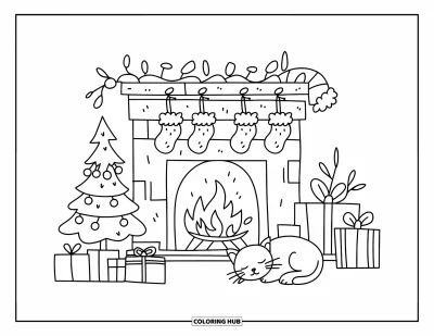 Coloriage de Noël pour adultes : Une cheminée chaleureuse avec des chaussettes, un sapin décoré et un petit cadeau près d’un chaton endormi