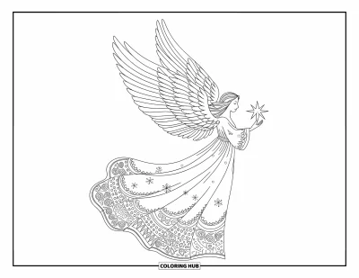 Coloriage de Noël pour adultes : Un ange élégant aux motifs délicats sur sa robe tient une étoile brillante dans une scène sereine