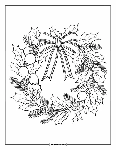 Coloriage de Noël pour adultes : Une couronne élégante décorée de gui, de houx et de petits ornements de Noël