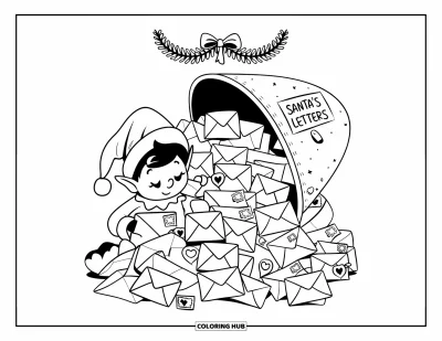Coloriage de Noël pour adultes : Un elfe trie les lettres du Père Noël près d’une boîte aux lettres débordante et d’une couronne festive