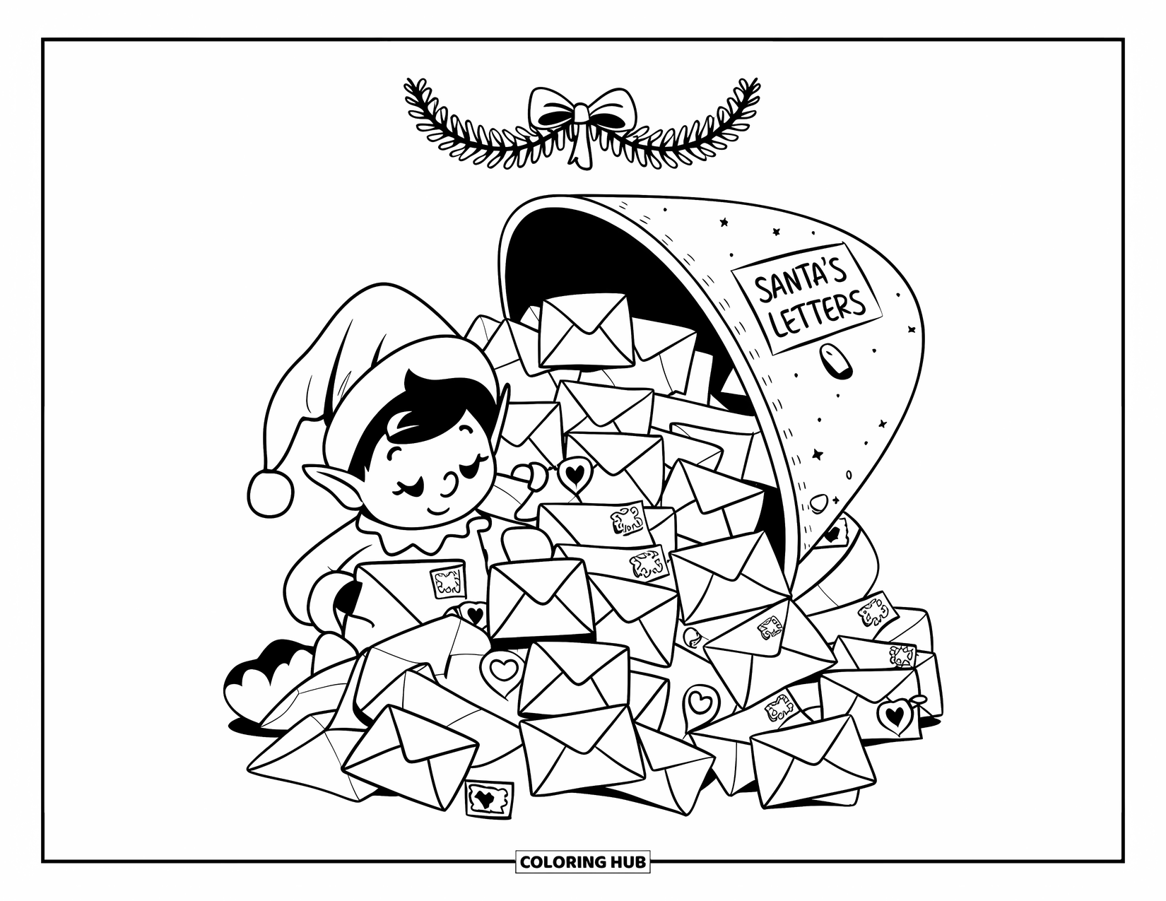 Weihnachts-Ausmalbild für Erwachsene: Ein Elf sortiert Weihnachtsmannbriefe neben einem überquellenden Briefkasten und einem festlichen Kranz