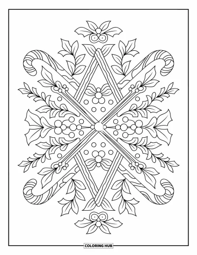 Coloriage de Noël pour adultes : Un motif complexe de cannes en sucre d’orge et de houx formant un arrangement festif riche en détails
