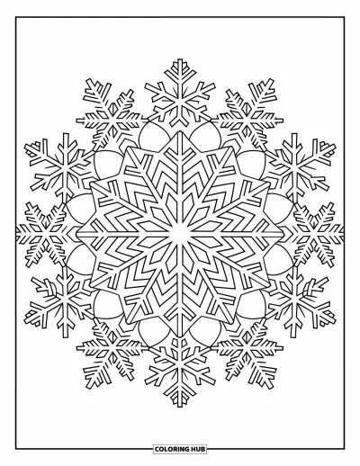 Coloriage de Noël pour adultes : Un mandala de flocons complexe aux motifs détaillés et symétriques dans un design fascinant