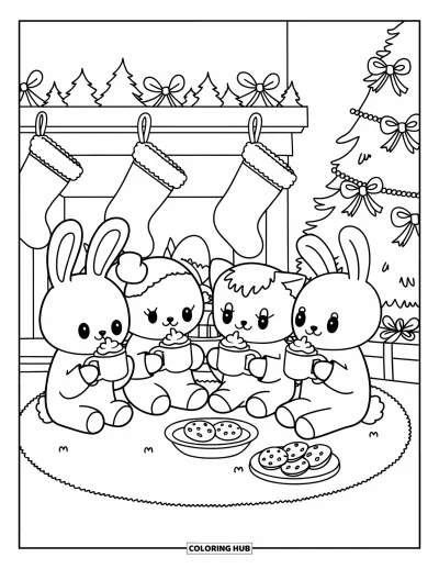 Coloriage de Noël pour adultes : Des amis animaux en pyjama confortable dégustent un chocolat chaud près d’une cheminée lumineuse