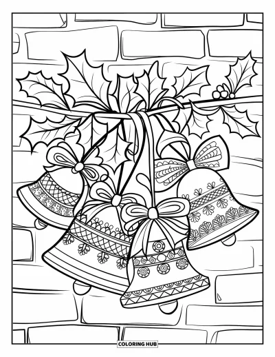 Coloriage de Noël pour adultes : De grandes cloches de Noël pendent à une branche, couvertes de motifs festifs minutieux