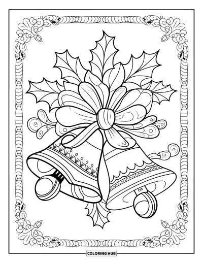 Coloriage de Noël pour adultes : Des cloches de Noël festives avec du houx et des rubans, sur une bordure décorative