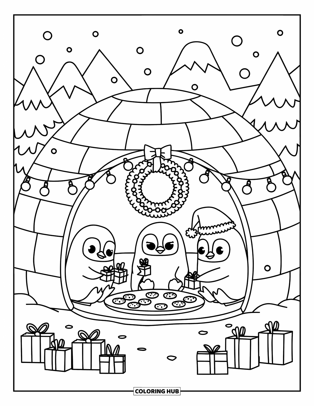 Weihnachts-Ausmalbild für Erwachsene: Pinguine genießen Kekse und Geschenke in einem warm geschmückten Iglu in einer verschneiten Landschaft