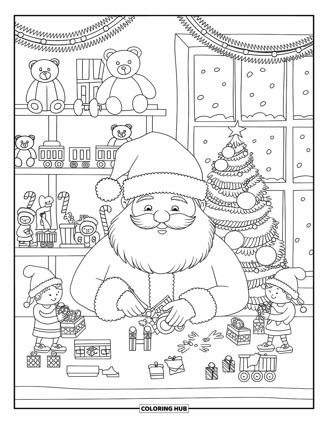 Weihnachts-Ausmalbild für Erwachsene: Der Weihnachtsmann und winzige Elfen arbeiten in einer gemütlichen Werkstatt voller Teddybären und Züge